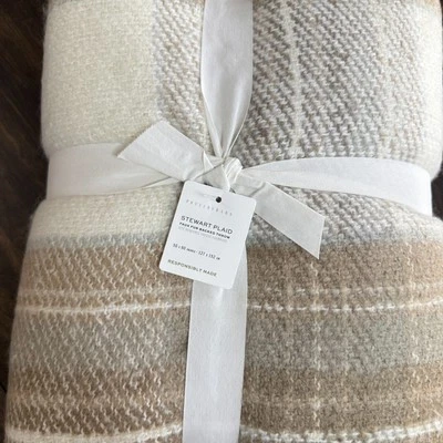 NEW!! POTTERY BARN STEWART PLAID FAUX FUR BACK THROW BLANKET 50 X 60" ~ NEUTRAL - Image 1 of 4