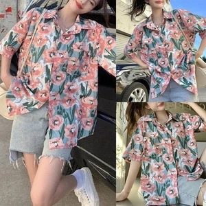 Hong Kong Style Tops Casual Daily Use Pink Patterned Top Polyester Fabric - Picture 1 of 32