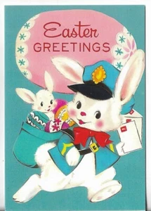 Vtg REPRO Easter Card 3.5X5 Easter Greetings - Bunny Mailman w/Letters and Eggs - Picture 1 of 3