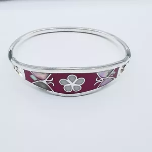 Vintage Mexico Alpaca Silver Hinged Bracelet Abalone Inlay Flower Butterfly B007 - Picture 1 of 8