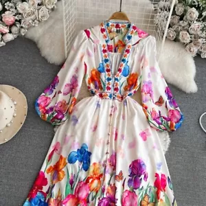 Holiday Gorgeous Flower Dress Women's Linen V Neck Long Lantern Sleeve - Picture 1 of 7