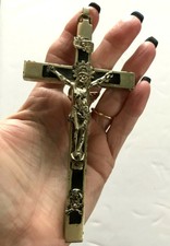 VINTAGE CRUCIFIX EBONY BRASS SKULL CROSSBONES NUN PRIEST 5'' 1/2 LONG