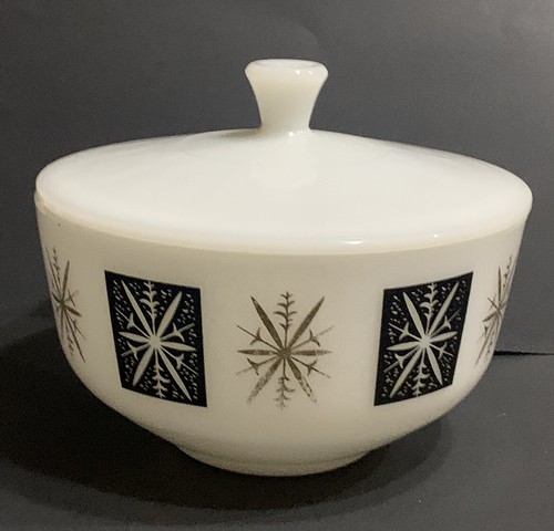 Vintage MCM ATOMIC STARBURST Federal Glass BLACK & GOLD 2.5 Qt Retro Bowl & Lid