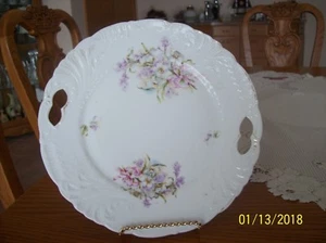 Cake Plate Double Handle Vintage White Porcelain Lavender & Pink Floral Pattern - Picture 1 of 12
