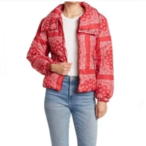 Coffee Shop Puffer Jacket Women's Iridescent Red Bandana Size XS - Picture 1 of 13