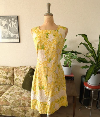 Dash About Dress VTG 60s Women's Yellow Cotton Rayon Floral A Line Mod Size 14 - Image 1 of 4
