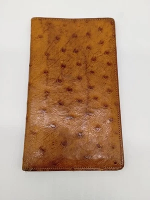Cartera de chequera de cuero de avestruz con textura genuina, coñac/marrón dorado 7x4" Foto 1 de 4
