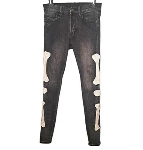 MNML Men’s Jeans Size 28 Black Slim Bones Embroidered Skeleton Black Denim - Picture 1 of 9