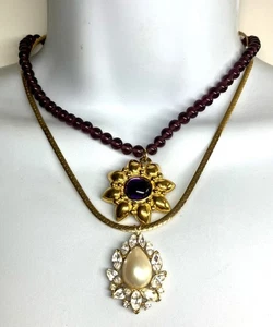 Vintage 2 Trifari Gold Purple Glass Bead Flower Faux Pearl Teardrop Necklaces - Picture 1 of 6
