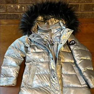 Appaman Silver Puffer Jacket Faux Fur Trim Hood and Duck Down Feather Girls 6 - Picture 1 of 8
