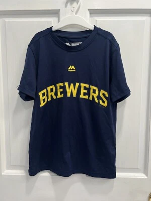 BREWERS Majestic Evolution T 恤蓝色和黄色男孩青少年小号预爱 — 第 1/4 张图片