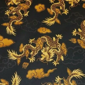 Gold DRAGON DRAGONS Fabric Metallic Black HOFFMAN Cotton BY THE YARD - Picture 1 of 2