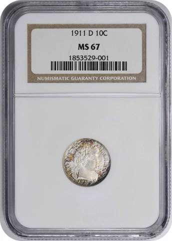 1911-D Barber Silver Dime MS67 NGC Cover