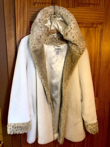 Coldwater Creek White Faux Fur Lined Jacket Sz PL Leopard Collar Hooded Heavy - Picture 1 of 14