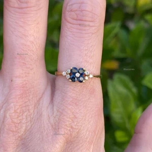 Real Blue Sapphire & Natural Diamond Flower Band Ring in 14K yellow Gold Jewelry - Picture 1 of 5
