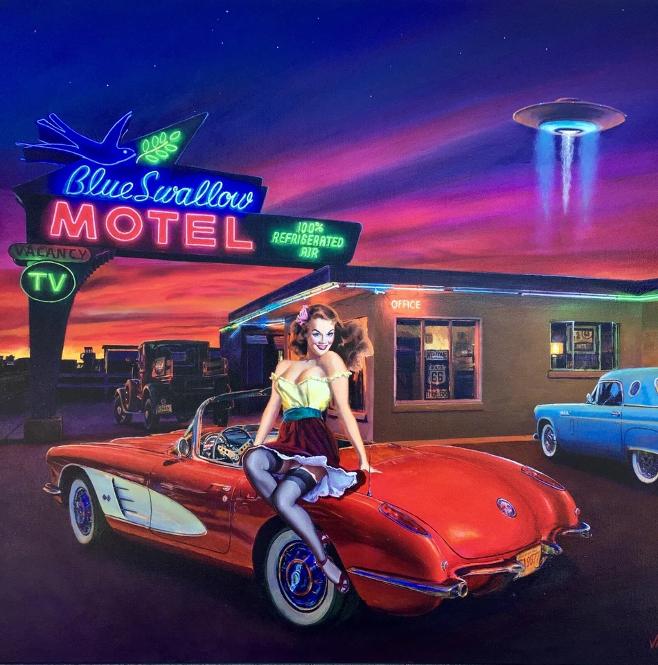 BLUE SWALLOW 28x22 VANCAS Pinup 50s CORVETTE THUNDERBIRD UFO NEON Elvgren Pin-Up - Image 1 of 4
