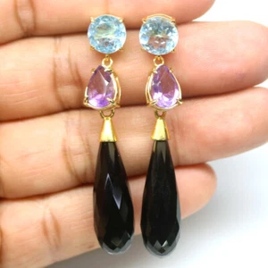Unheated Black Onyx, Amethyst & Topaz Earrings 925 Sterling Silver - Picture 1 of 4