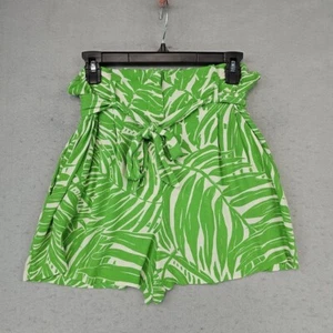 MNG Mango High Rise Paperbag Shorts Womens M Lime Green Tropical Leaf Print Belt - Picture 1 of 8
