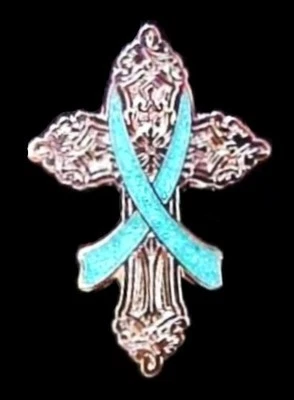 Broche de conscientização de fita azul-petróleo ornamentado inspirador religioso cruz causas de câncer novo - Imagem 1 de 4