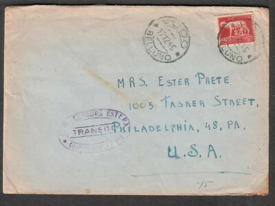 Italy Dec 1945 post WWII censor cover Vodo Belluno to USA - Image 1 of 2