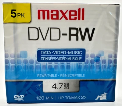 5 Pack Maxell 634045 DVD-RW Blank Disc - Rewritable 4.7 Gb with Slim Jewel Case, - Image 1 of 3
