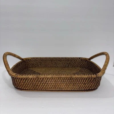 Pampered Chef Woven Selections Rectangular Wicker Serving Basket Handles 16x 11 - Image 1 of 4