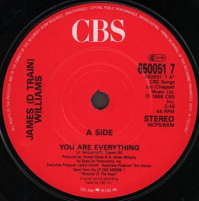 James D Train Williams You Are Everything 7" vinyl UK Cbs 1986 company sleeve - Image 1 of 2