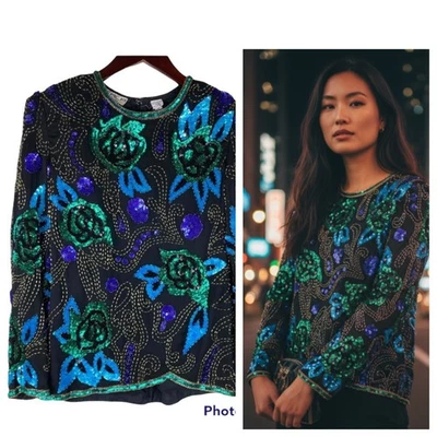 Винтажный Scala маленький верхний рубашка 100% шелк бисером цветочный синий зеленый праздник вечеринки h - Изображение 1 из 4