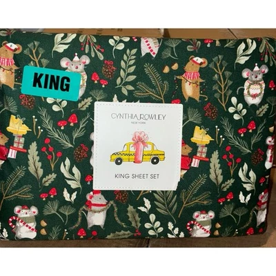 Набор простыней Cynthia Rowley Dark Green Holiday Mice KING НОВЫЙ | Быстрая доставка! - Изображение 1 из 3