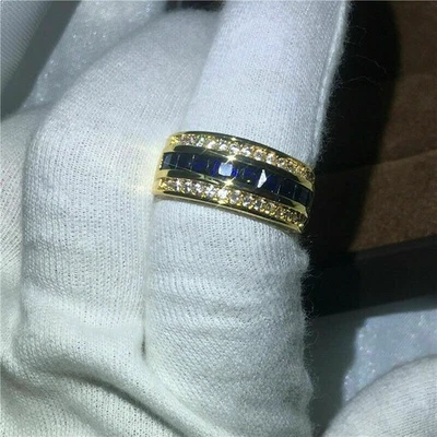 2.00 Ct Princess Natural Sapphire & Diamond Wedding Ring 18K  Yellow Gold Size 8 - Image 1 of 4