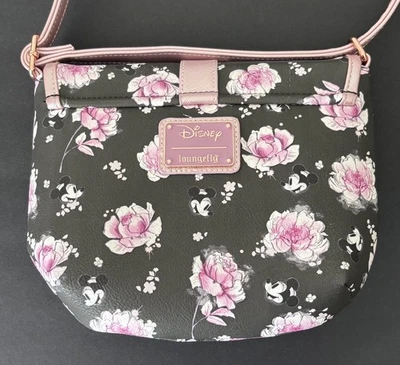 Disney LOUNGEFLY Minnie Mouse Pink Floral Roses Saddle Bag Crossbody Purse - Image 1 of 4
