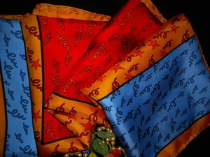 34" Silk Scarf LuLu Signatured Red Blue Yellow Gold Plump Hand Rolled Hem USA - Picture 1 of 11