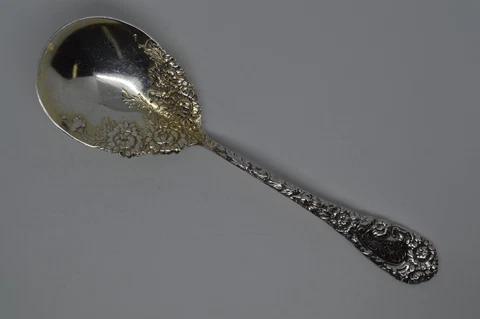 Durgin Chrysanthemum Sterling Silver Large Jelly Spoon - 7 3/8" - 76g - Mono Cover