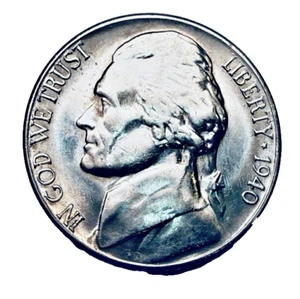 1940-S Jefferson 5c sin circular BU ~ brillo fantástico ~ algunos pasos ~ tono ~ P55 - Imagen 1 de 4