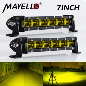 2x 7" Yellow LED Light Bars Single Row Fog Work Driving Truck UTV ATV SUV Boat - Picture 1 of 9