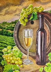 Watercolor Painting Wine grapes Wooden barrel farm Alcohol Drink ACEO Art No.139 - Picture 1 of 2