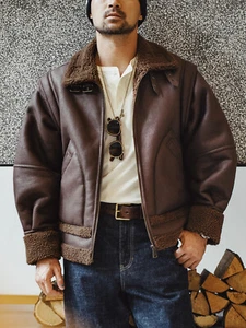 Workwear Retro Leather Suede Jacket Fur One-piece Plus Velvet Motorcycle Men's - Picture 1 of 6