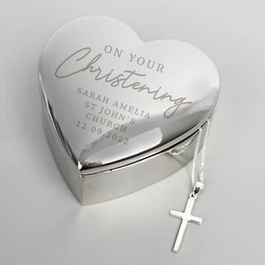 Personalised Christening Heart Trinket Box & Cross Necklace Gift Baptism Child - Picture 1 of 5