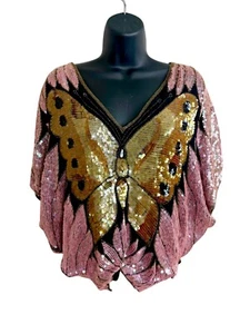 Swee Lo Top Womens L Pink Butterly Coachella Boho Festival Hippy Silk Vintage - Picture 1 of 19