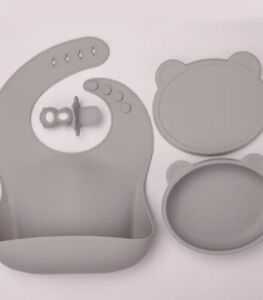 Baby Feeding Weaning Set Suction Bowl,  Spoon and Bib set  Silicone new grey