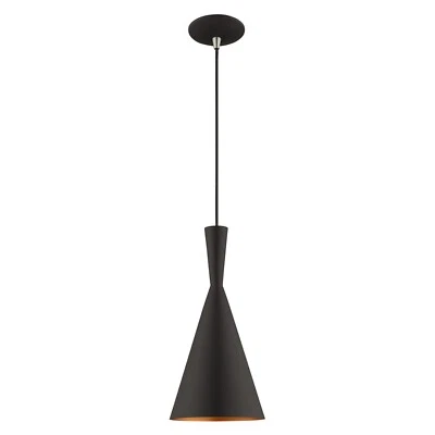 Modern double-cone pendant with black and gold finish, fits varied décor styles. - Image 1 of 4