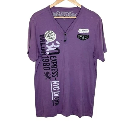 Express Y2K Graphic Henley T Shirt Purple Mens Size L Patches Edgy Worn Skater - Image 1 of 4
