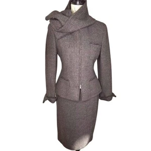 VTG Trixi Schober Brown Tweed Skirt Suit Set Fringe Detail Double Zip Scarf Sz 6 - Picture 1 of 21