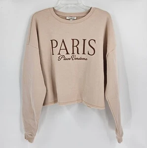 Francesca's Paris Place Vendome bestickt ausgefranster Saum Crop hellbraun Sweatshirt Gr. L - Bild 1 von 4