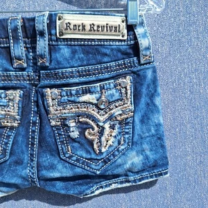 Rock Revival Womens BETTY Acid Wash Shorts 24 Rhinestones Distressed Blue Jeans - Picture 1 of 10