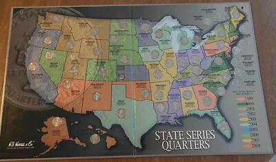 STATE SERIES QUARTERS 1999-2008  COLLECTOR'S MAP -WITH 50 QUARTERS- H.E. HARRIS - Image 1 of 4