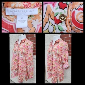 XL Charter Club Linen Floral Paisley Long Convertible Sleeve Button Shirt - Picture 1 of 23