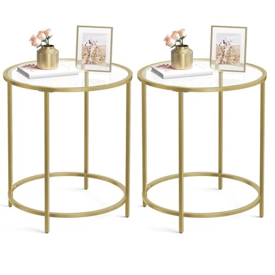 Round Side Tables, Set of 2, Glass End Tables with Metal Frame, Gold Coffee T... - Image 1 of 4