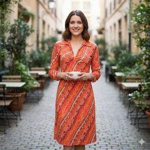 Y2K Barbara Gerwit XL Chain Print Long Sleeve Midi Dress Orange Retro Vintage - Picture 1 of 9