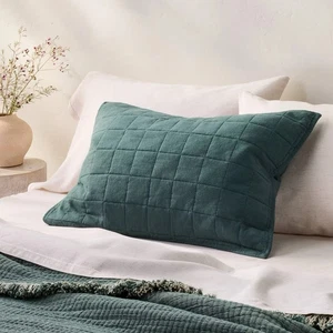 Casaluna Dark Teal Blue Standard Heavyweight Linen Quilt Pillow Sham New Open - Picture 1 of 10